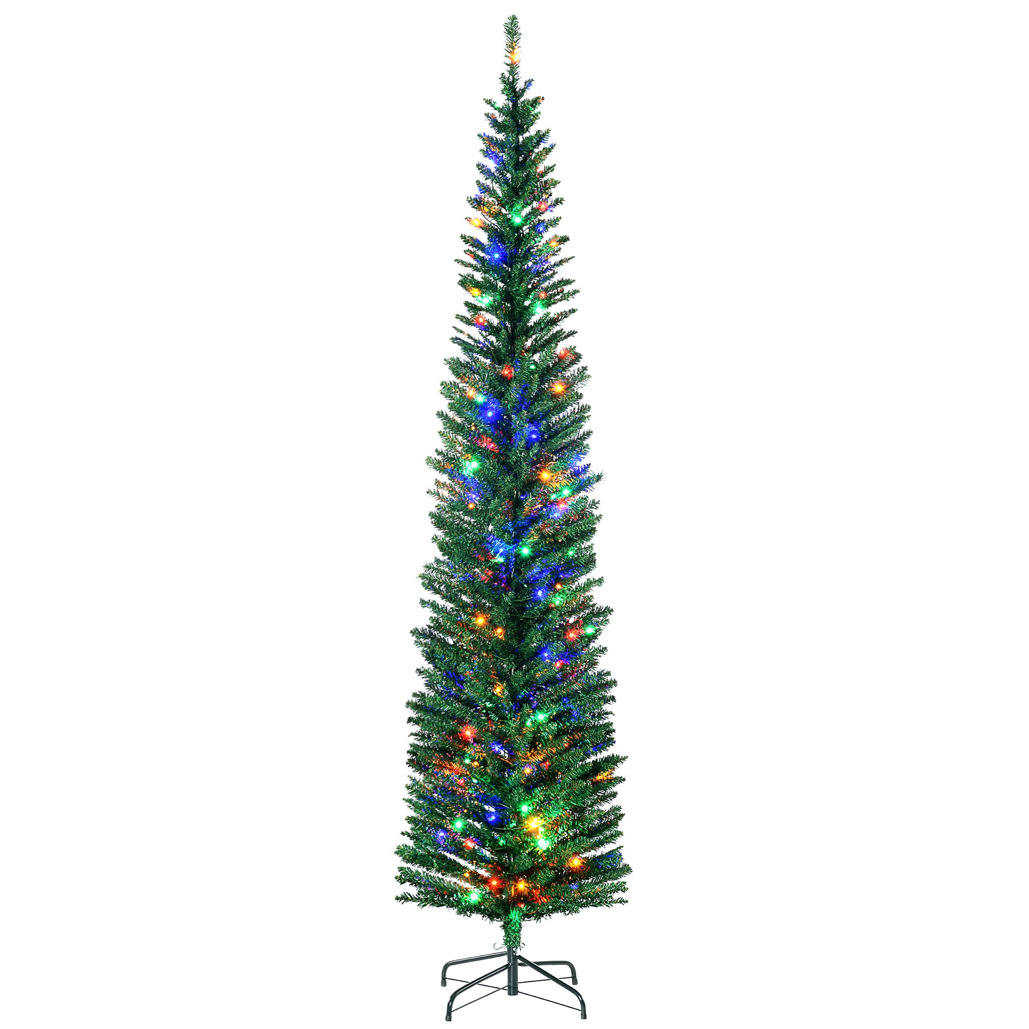 HOMCOM 7.5' Artificial Prelit Christmas Trees Holiday D\'c3\'a9cor with Colourful LED Lights, Pencil Shape, Steel Base