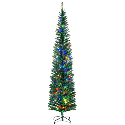 HOMCOM 7.5' Artificial Prelit Christmas Trees Holiday D\'c3\'a9cor with Colourful LED Lights, Pencil Shape, Steel Base 