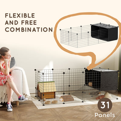 PawHut DIY Small Animal Cage with Elevated Huts, C&C Cage for Guinea Pigs, Hedgehogs, Rabbits, 31 Panels, Black 