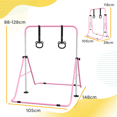 HOMCOM Adjustable Height, Foldable Kids Gymnastics Bar w/ Non-slip Rubber Floor Rings, for 3+ Years, Pink 