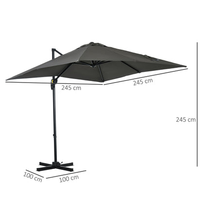 Outsunny 2.5 x 2.5m Patio Offset Parasol Umbrella Cantilever Hanging Aluminium Sun Shade Canopy Shelter 360\'c2\'b0 Rotation with Crank Handle and Cross Base, Grey