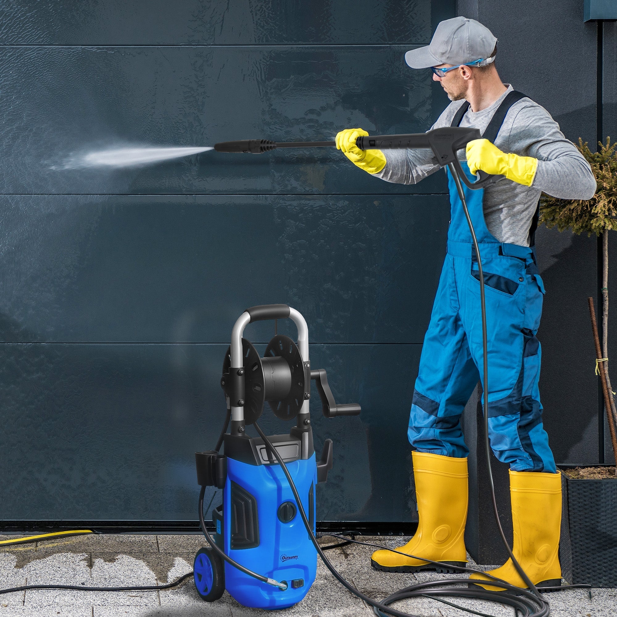 Outsunny 1800W High Pressure Washer, 150 Bar Pressure, 420 L/h Flow, Portable Power Washer Jet Wash Cleaner with Adjustable Nozzle, 6M Hose, Hose Reel, Steel Handle for Home Patio Car Driveway, Blue 