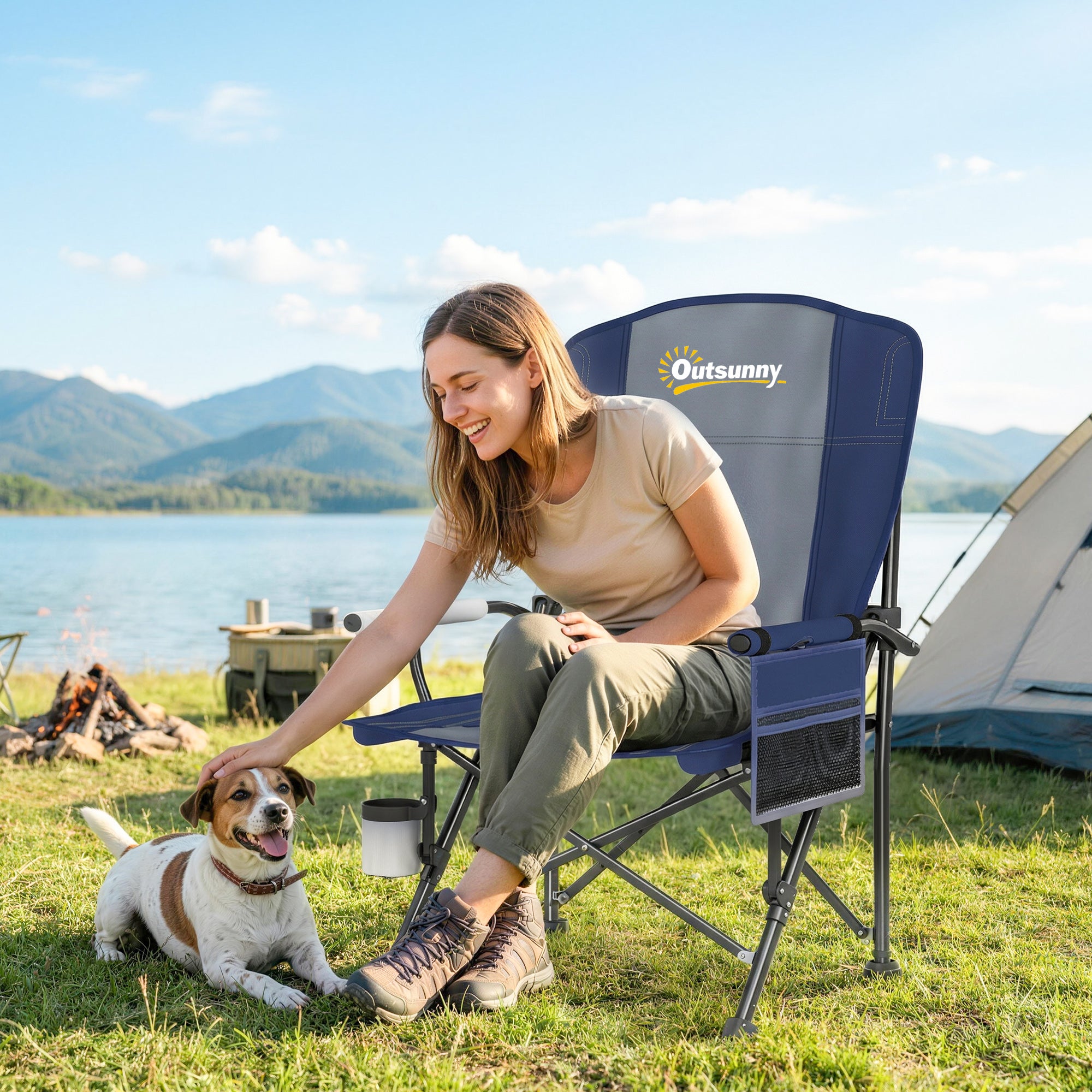 Outsunny Padded Camping Chair Adults Heavy Duty Folding Chair Side Pocket Cup Holder Carry Bag Outdoor Dark Blue 