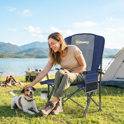 Outsunny Padded Camping Chair Adults Heavy Duty Folding Chair Side Pocket Cup Holder Carry Bag Outdoor Dark Blue 