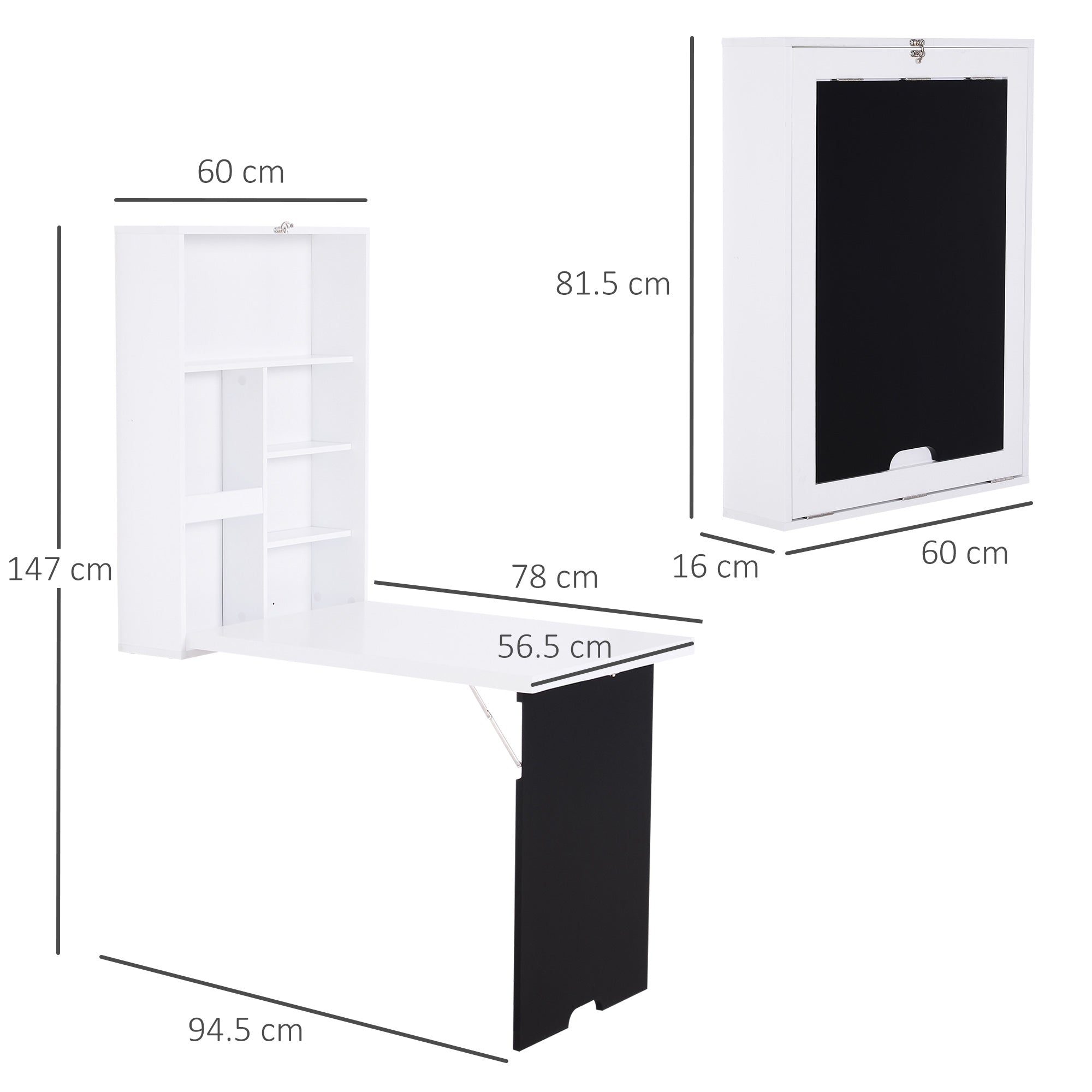 HOMCOM Folding Wall-Mounted Drop-Leaf Table, Convertible Wall Table With Chalkboard and Storage Shelf, Multifunctional Floating Desk for Home Office, White 