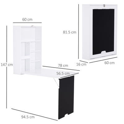 HOMCOM Folding Wall-Mounted Drop-Leaf Table, Convertible Wall Table With Chalkboard and Storage Shelf, Multifunctional Floating Desk for Home Office, White 