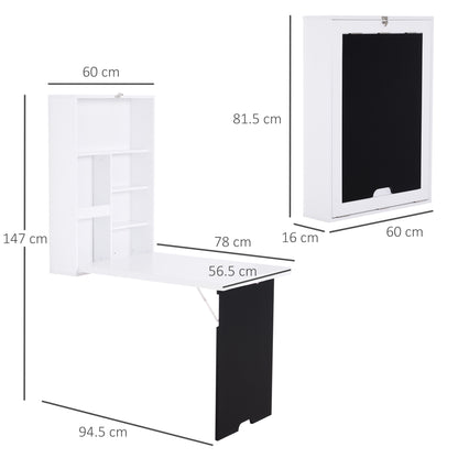 HOMCOM Folding Wall-Mounted Drop-Leaf Table, Convertible Wall Table With Chalkboard and Storage Shelf, Multifunctional Floating Desk for Home Office, White 