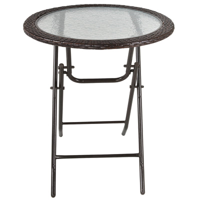 Outsunny Folding Rattan Garden Dining Table, 68 cm Round Rattan Garden Table with Water Ripple Tempered Glass Top, Wicker Edging  and Steel Frame for Outdoor, Patio, Brown 