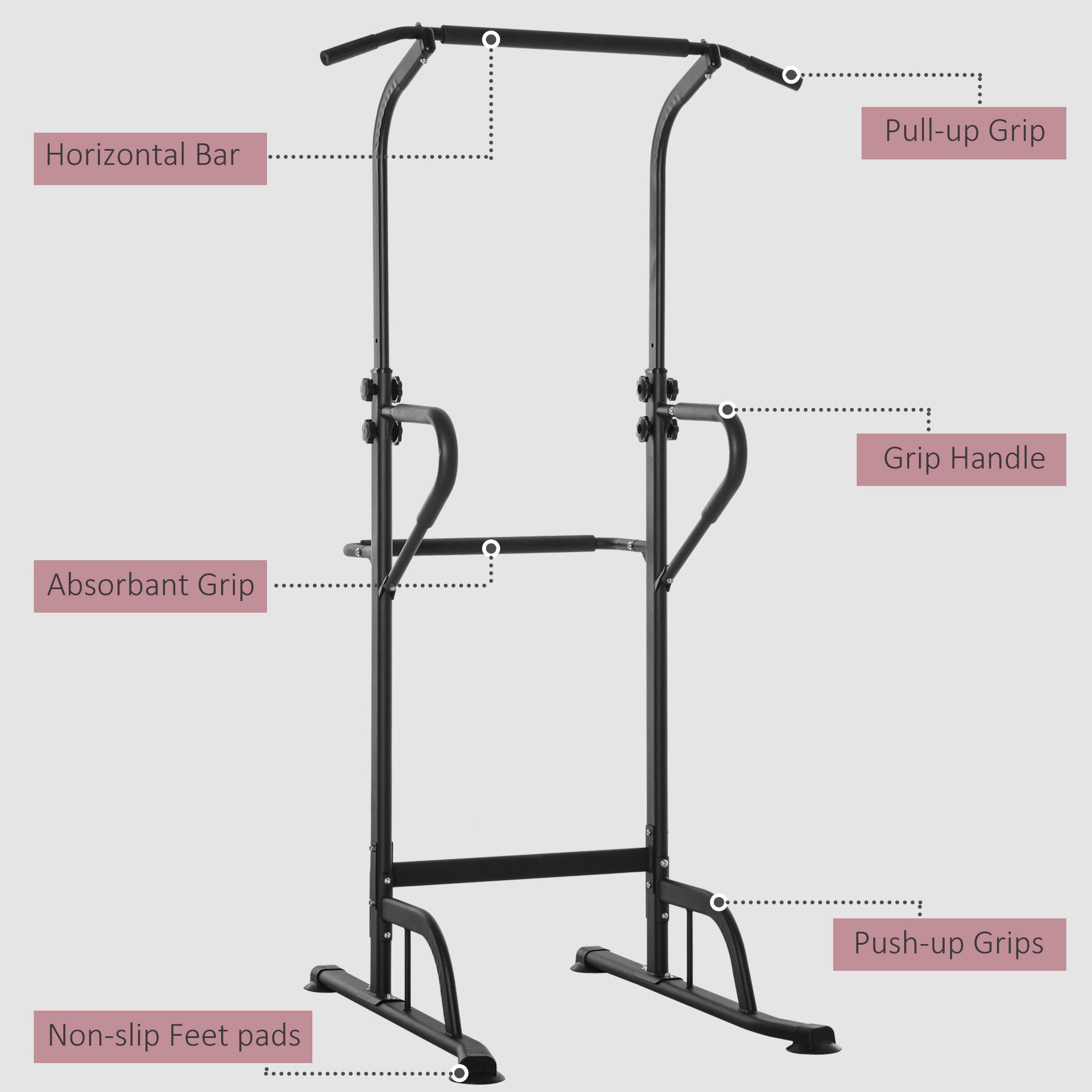 HOMCOM Power Tower Dip Station Pull Up Bar Multi-Function Push Up Equipment with Adjustable Height for Home Gym Strength Training Workout Fitness 