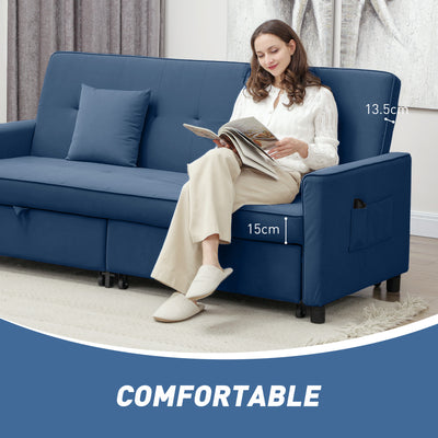 HOMCOM Three-Person Velvet-Feel Sofa Bed - Blue 