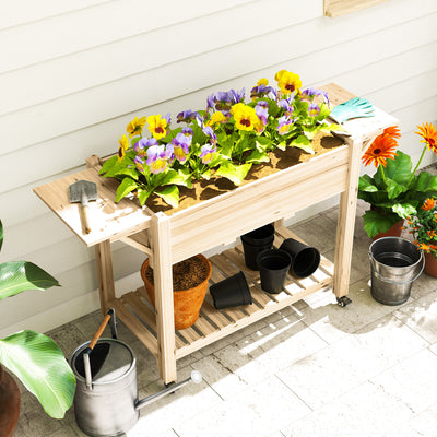Outsunny Raised Garden Bed, Wooden Elevated Planter Box with Lockable Wheels, Side Tables and Bottom Shelf, Outdoor Planter with Liner and Drainage Holes for Vegetables, Flowers, Fruits, Natural 