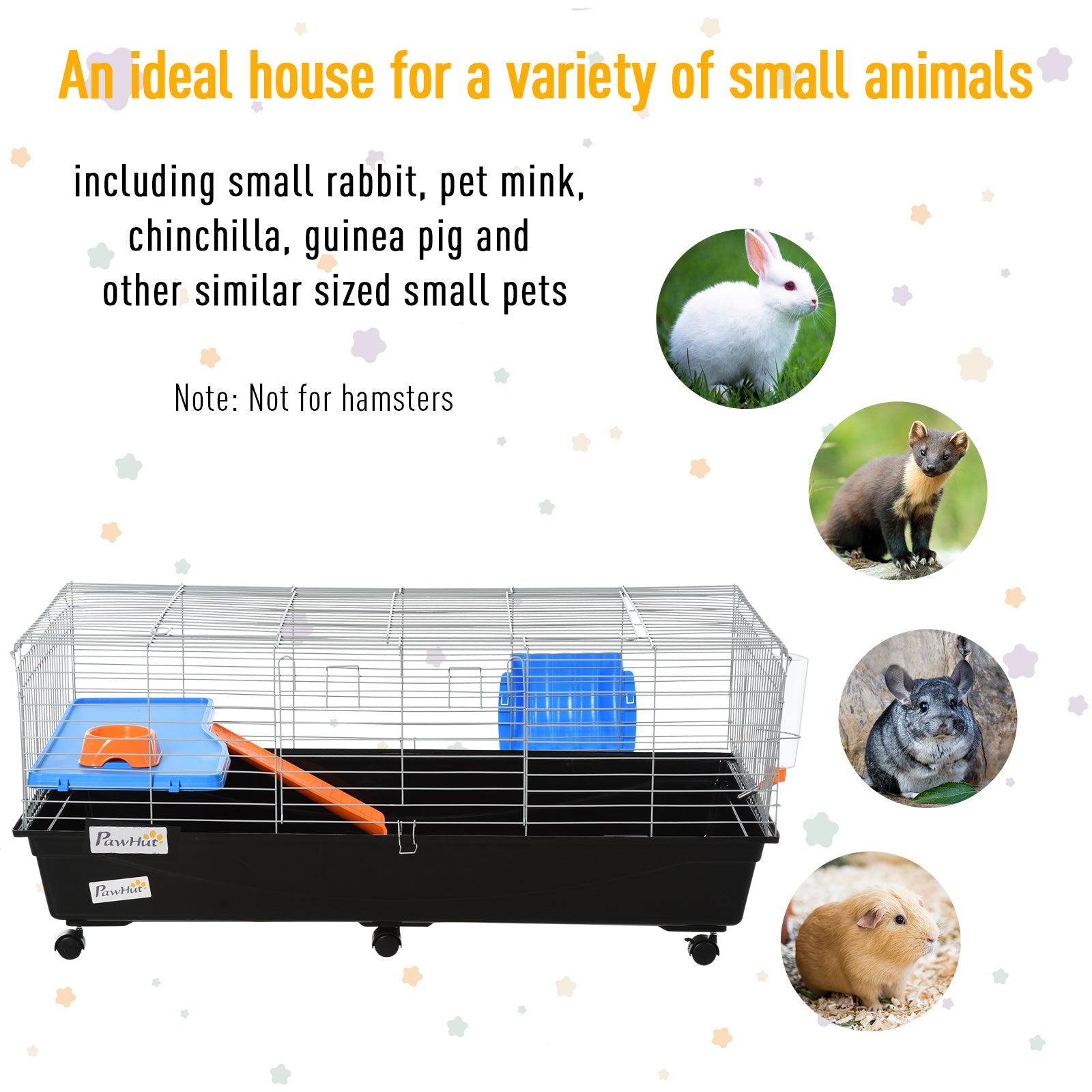 PawHut Small Animal Cage Rabbit Guinea Pigs Chinchillas Cage w/ Wheels Water Bottle Food Dish Platform Ramp 119 x 59 x 50 cm Black 