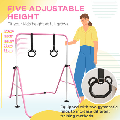 HOMCOM Adjustable Height, Foldable Kids Gymnastics Bar w/ Non-slip Rubber Floor Rings, for 3+ Years, Pink 