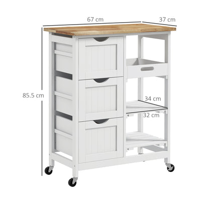 HOMCOM Rolling Kitchen Island Cart, Bar Serving Cart, Compact Trolley on Wheels with Wood Top, Shelves & Drawers for Home Dining Area, White 