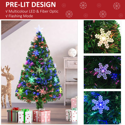 HOMCOM 4FT Green Fibre Optic Artificial Christmas Tree Xmas Colourful LED Scattered Tree with Snowflakes Ornaments Fireproofing 