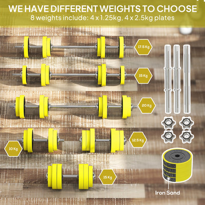 HOMCOM 20KGS 2-In-1 Dumbbell & Barbell Adjustable Set Strength Muscle Exercise Fitness Plate Bar Clamp Rod Home Gym Sports Area, Yellow 