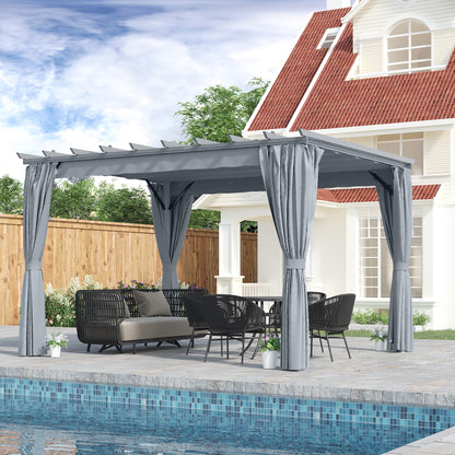 Outsunny 3.6 x 3(m) Outdoor Pergola with Retractable Roof and Curtains, Garden Gazebo Canopy Sun Shade Shelter with Aluminum Frame, Dark Grey 