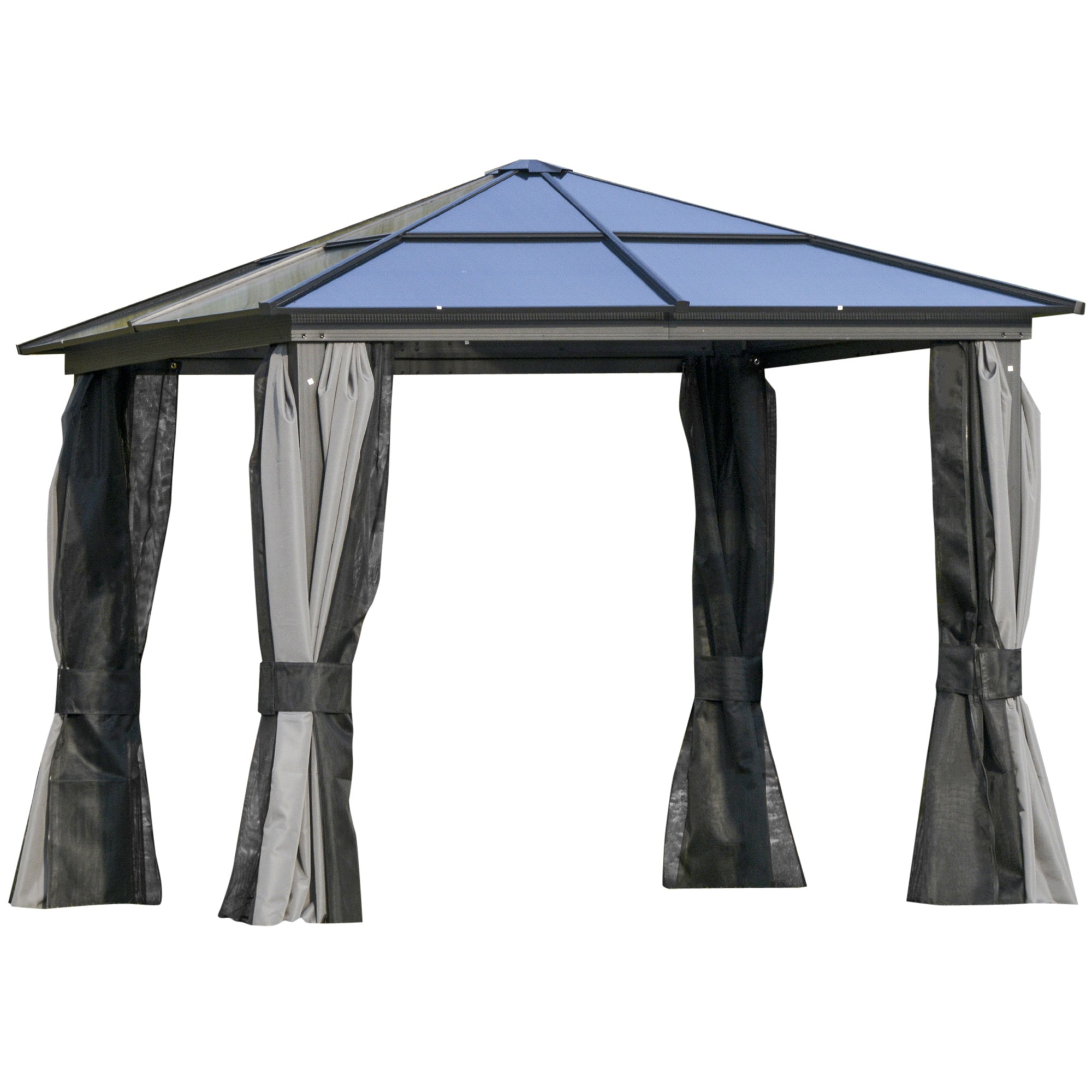 Outsunny 3 x 3(m) Hardtop Gazebo Canopy with Polycarbonate Roof, Aluminium Frame, Permanent Pavilion Garden Gazebo with Netting and Curtains for Patio, Deck, Dark Grey 