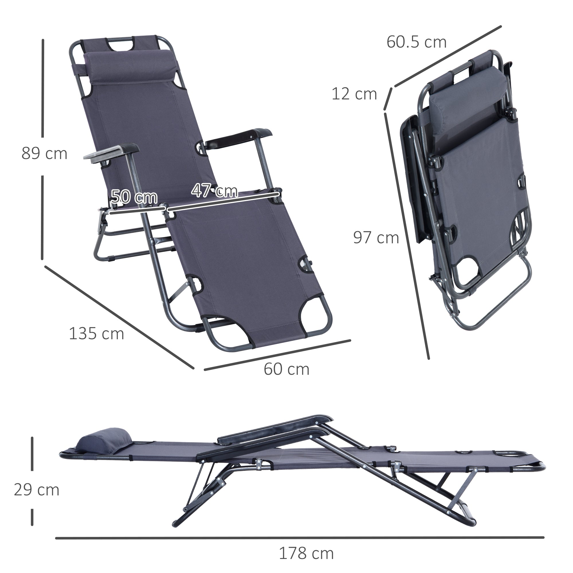 Outsunny 2 in 1 Sun Lounger Folding Reclining Chair Garden Outdoor Camping Adjustable Back with Pillow, Grey 