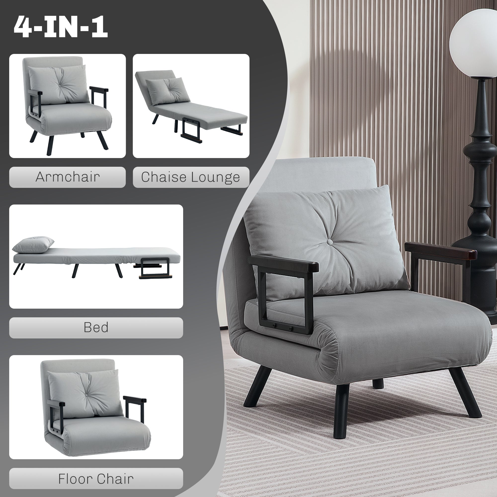 HOMCOM 4-in-1 Velvet-Feel Single Chair Bed, with Pillow - Light Grey 