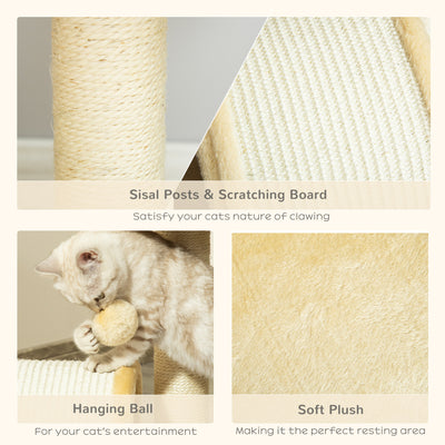 PawHut Cat Tree Scratching Scratcher Post Kitten Activity Centre Climber Hanging Ball Beige 
