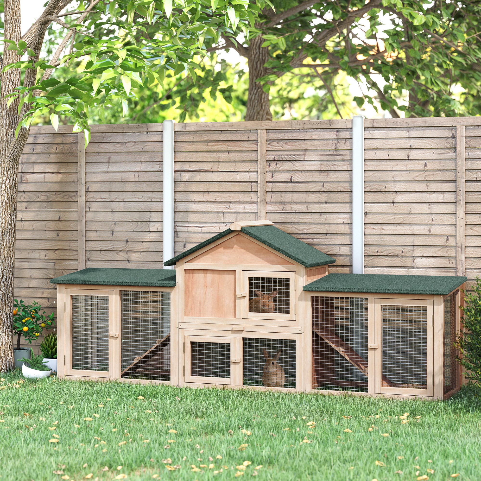 PawHut Large Rabbit Hutch Outdoor Wooden Guinea Pig Hutch with Run, 2 Storey Bunny House 210 x 45.5 x 84.5 cm 
