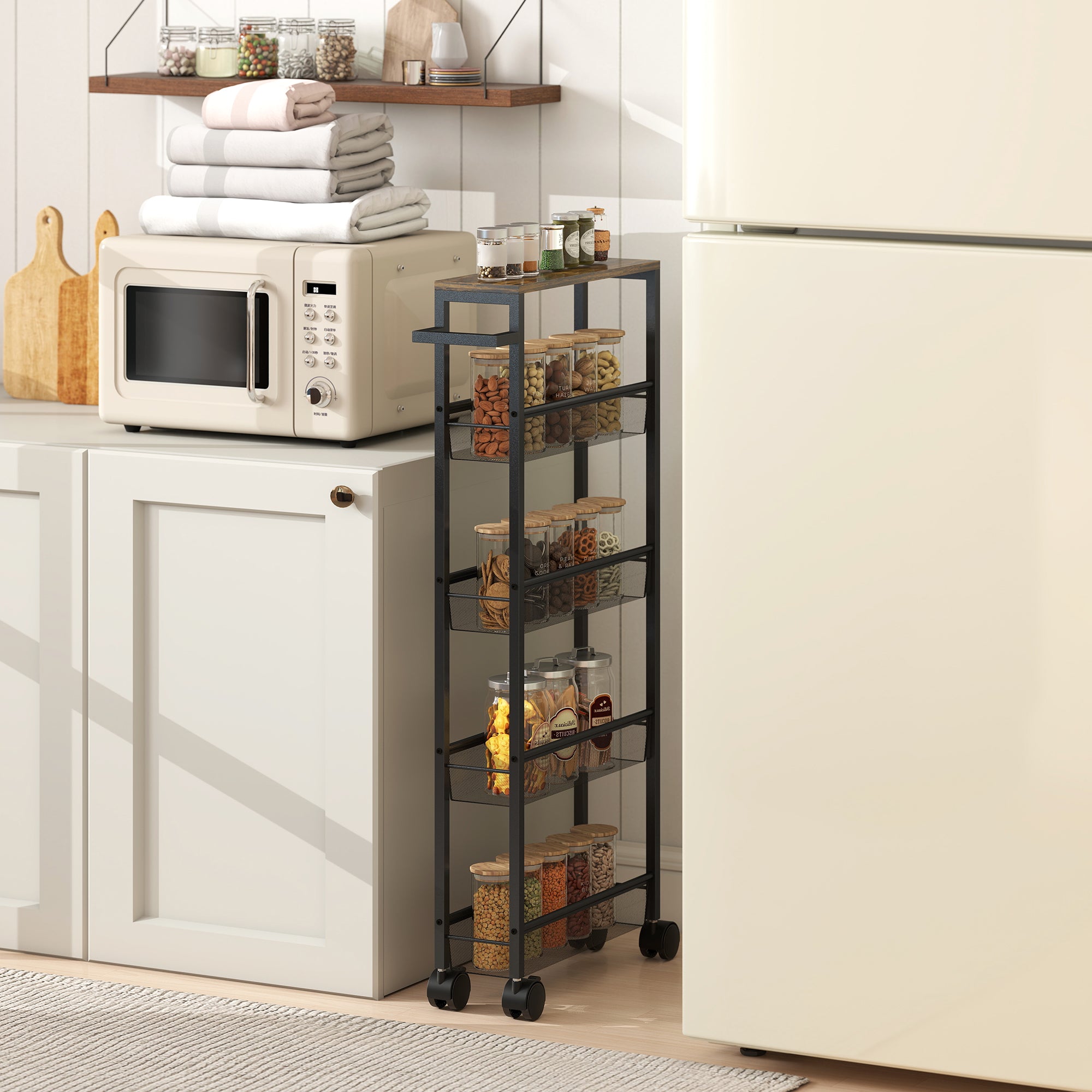 HOMCOM Slim Storage Trolley, 5-Tier Kitchen Cart on Wheels with Wood-effect Top, Handle for Living Room, Bathroom, Black 