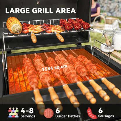 Outsunny Charcoal BBQ Grill with Height Adjustable Charcoal Pan, Portable Barbecue Smoker with Warming Rack, 3 Shelves, Temperature Gauge, Wheels, Bottle Opener for Outdoor Cooking Garden Party 