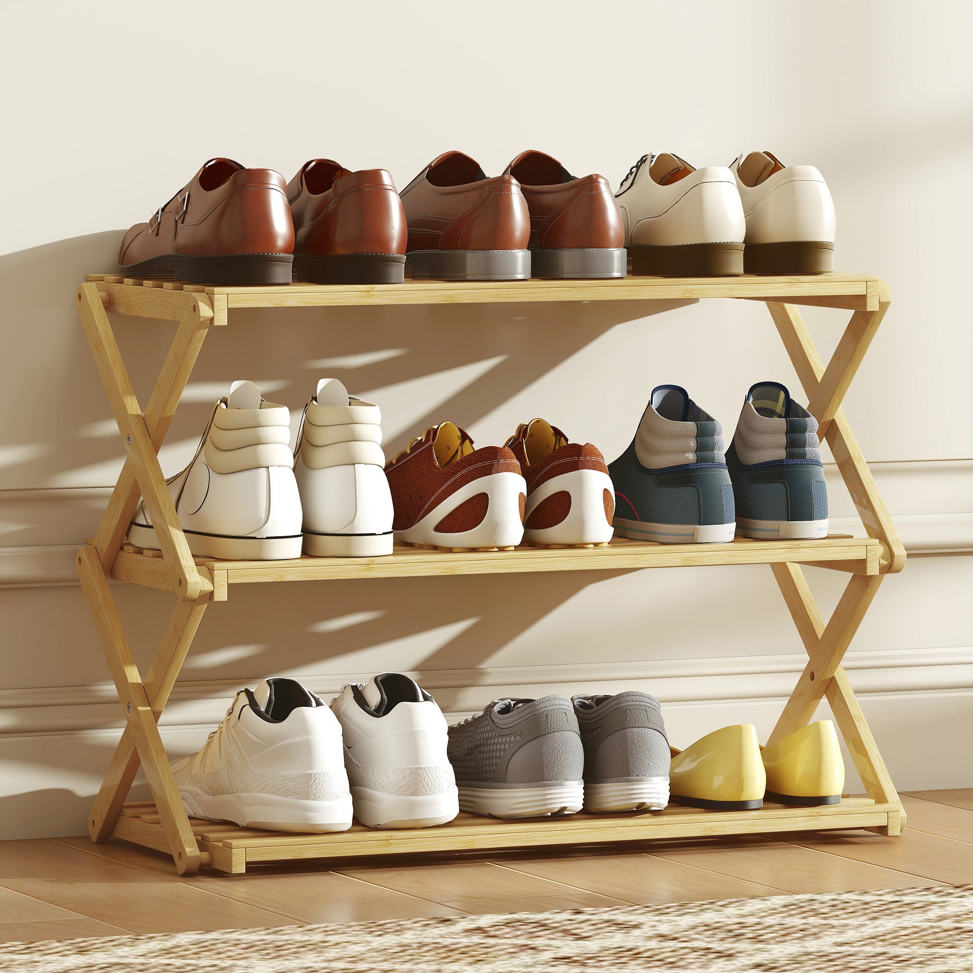 HOMCOM Three-Tier Folding Bamboo Shoe Rack - Natural Finish 