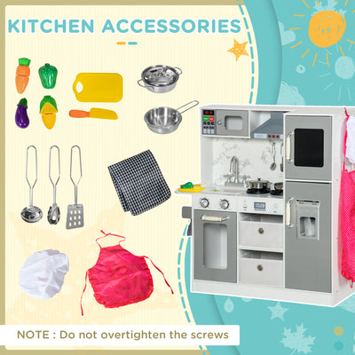 AIYAPLAY Toy Kitchen with Lights, Sounds, Apron and Chef Hat, Ice Maker, Microwave, for Ages 3-6 Years - White 