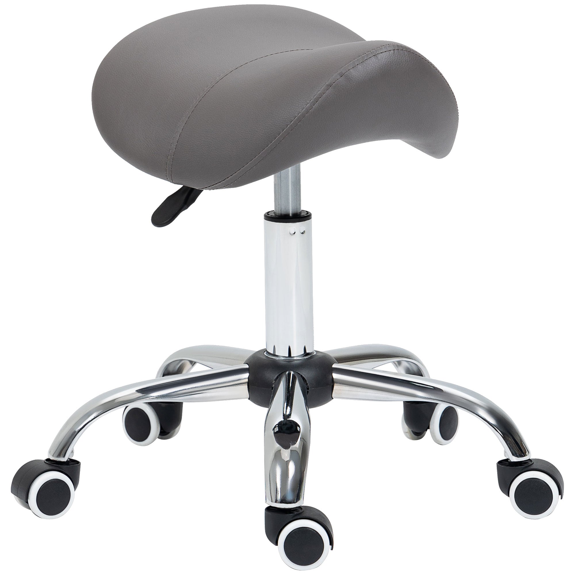 HOMCOM Cosmetic Stool 360\'c2\'b0 Rotate Height Adjustable Salon Massage Spa Chair Hydraulic Rolling Faux Leather Saddle Stool, Grey