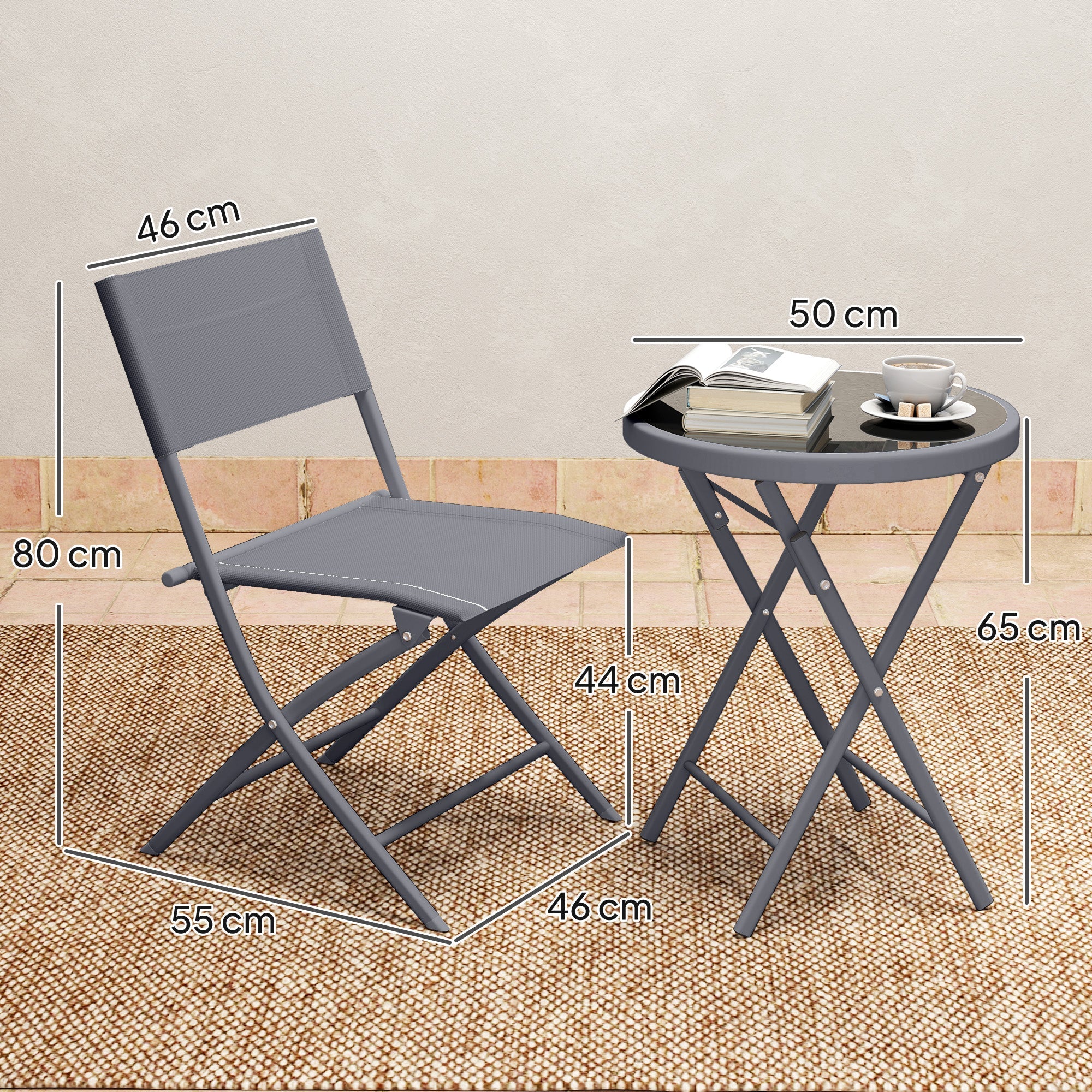 Outsunny 3 Pieces Outdoor Bistro Set, Glass Top Outdoor Table and 2 Folding Chairs with Protecting Feet, Grey 