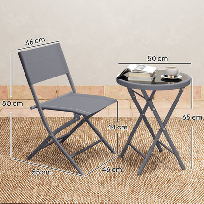 Outsunny 3 Pieces Outdoor Bistro Set, Glass Top Outdoor Table and 2 Folding Chairs with Protecting Feet, Grey 