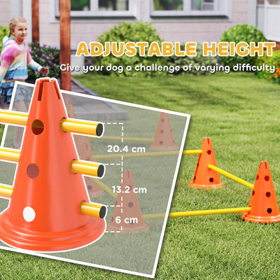 PawHut Dog Agility Equipment Set of Eight Cones, Eight Poles w/ Carry Bag, Four-Piece Adjustable Height Jumping Obstacles 