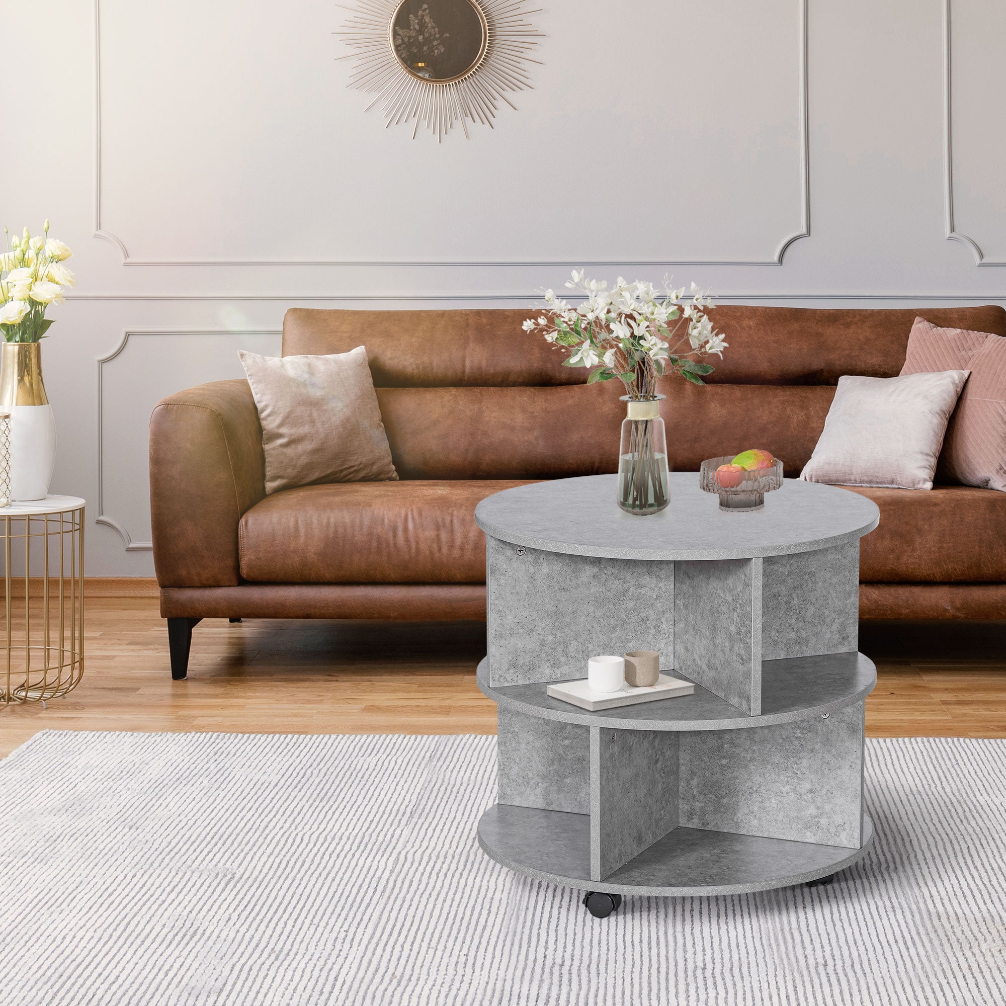 HOMCOM Round Coffee Table with Wheels, 3-Tier Rolling Side Table for Living Room with Divided Shelves, Cement Colour 