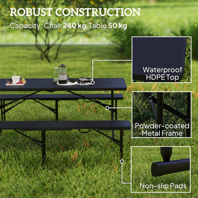 Outsunny Folding Picnic Table and Bench Set, Rattan Effect Portable Camping Table and Chairs with Carrying Handles for Indoor Outdoor, Dining, Camping, Picnic, BBQ, Party, Black 