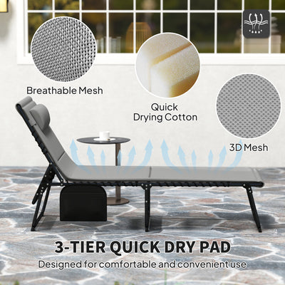 Outsunny Folding Sun Loungers Set of 2, Recliner Garden Chairs with Quick Drying Pad Headrest Side Pocket, Garden Sun Loungers for Beach Pool, Light Grey 
