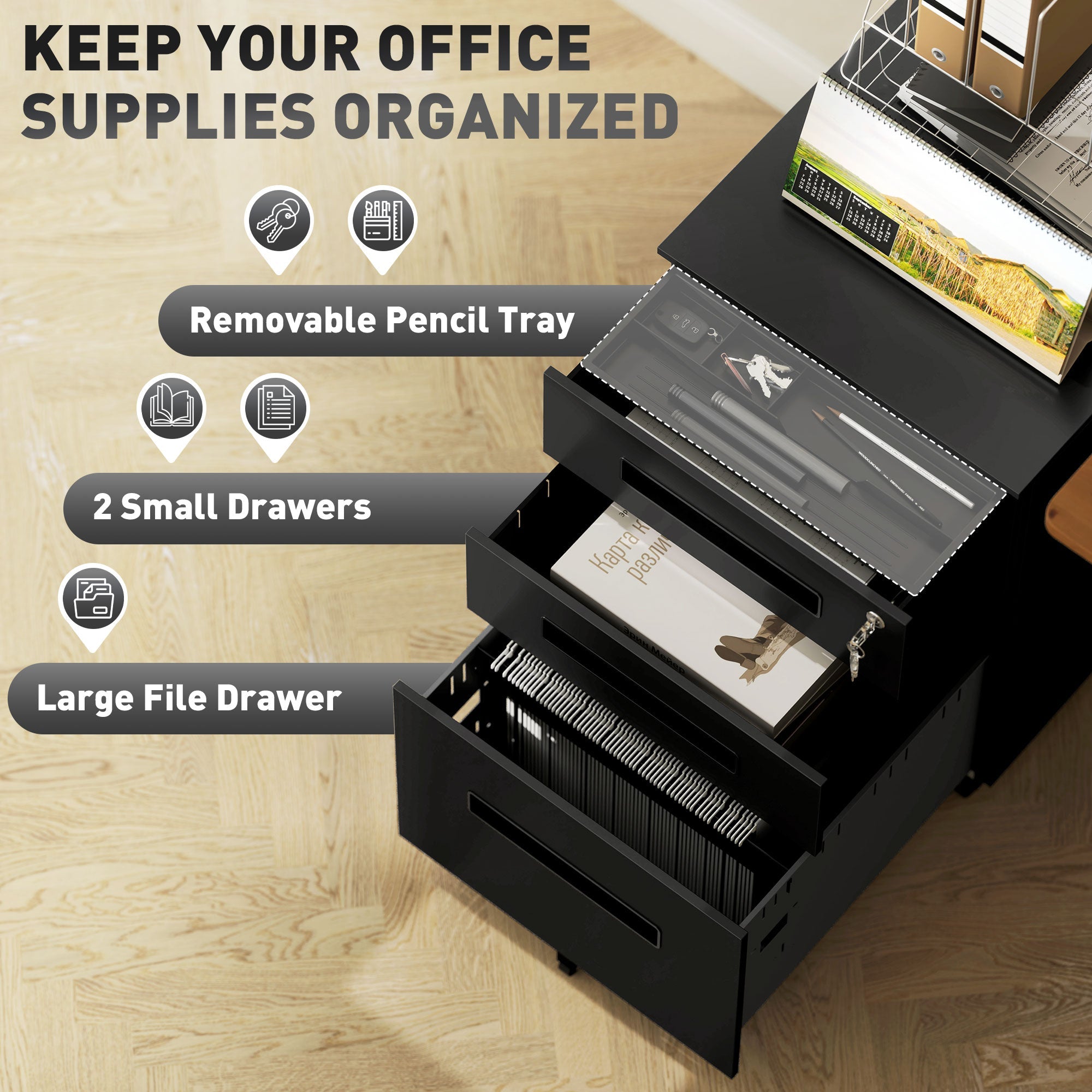 Vinsetto Metal Mobile File Cabinet with Wheels, Lockable 3 Drawer Filing Cabinet for A4, Legal, Letter, Under Desk Storage Unit with Pre-Assembled Body for Home Office, 39 x 48 x 60cm, Black 