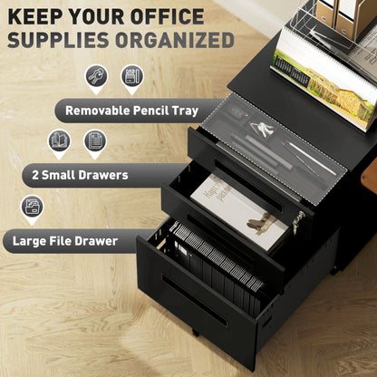 Vinsetto Metal Mobile File Cabinet with Wheels, Lockable 3 Drawer Filing Cabinet for A4, Legal, Letter, Under Desk Storage Unit with Pre-Assembled Body for Home Office, 39 x 48 x 60cm, Black 