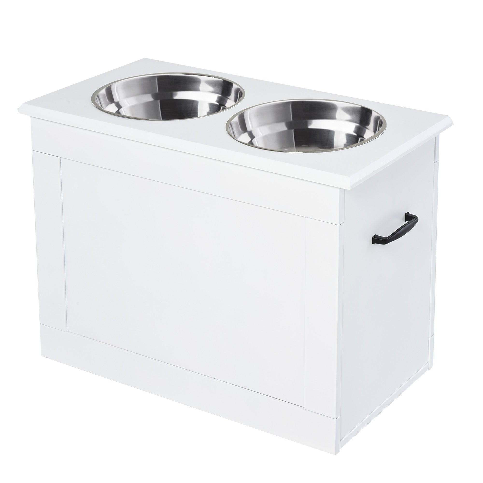 PawHut Raised Dog Bowls, with Storage, Two Stainless Steel Bowls, Elevated Base - White 