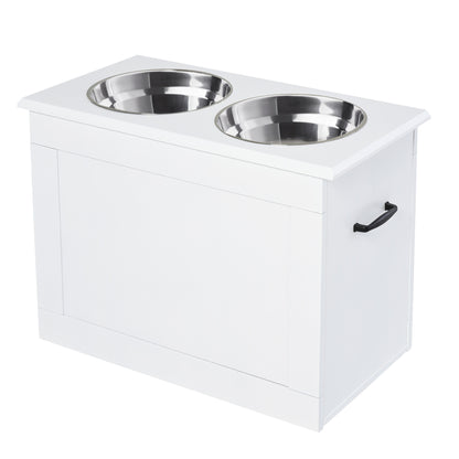 PawHut Raised Dog Bowls, with Storage, Two Stainless Steel Bowls, Elevated Base - White 
