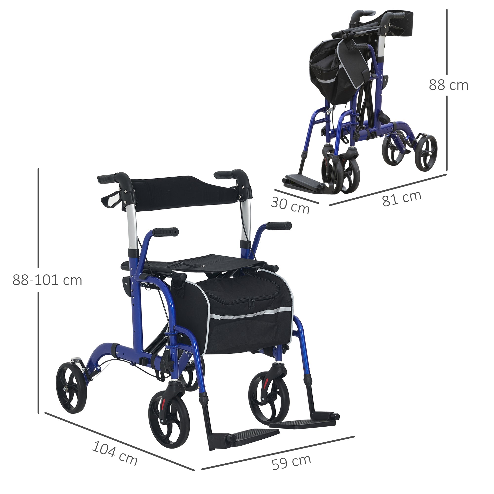 HOMCOM 2 in 1 Wheelchair Transport Chair & Folding Rollator Walker with Seat, Backrest, Footrest, Lightweight Walking Frame with Bag, Adjustable Height, 4 Wheeled Walker for Seniors, Pearl Blue 