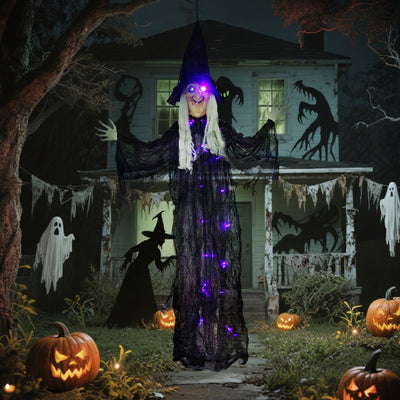 Outsunny 183 cm Life Size Halloween Animated Hanging Witch with Glowing LED Eyes & Body, Spooky Witch Scary Halloween Decorations, Battery Operated, Indoor Party Props 