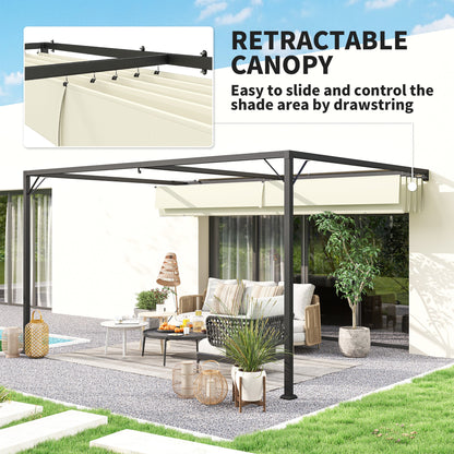 Outsunny 4 x 3(m) Outdoor Pergola Retractable Canopy Wall Mounted Gazebo Patio Shelter Sun Shade, Cream White 