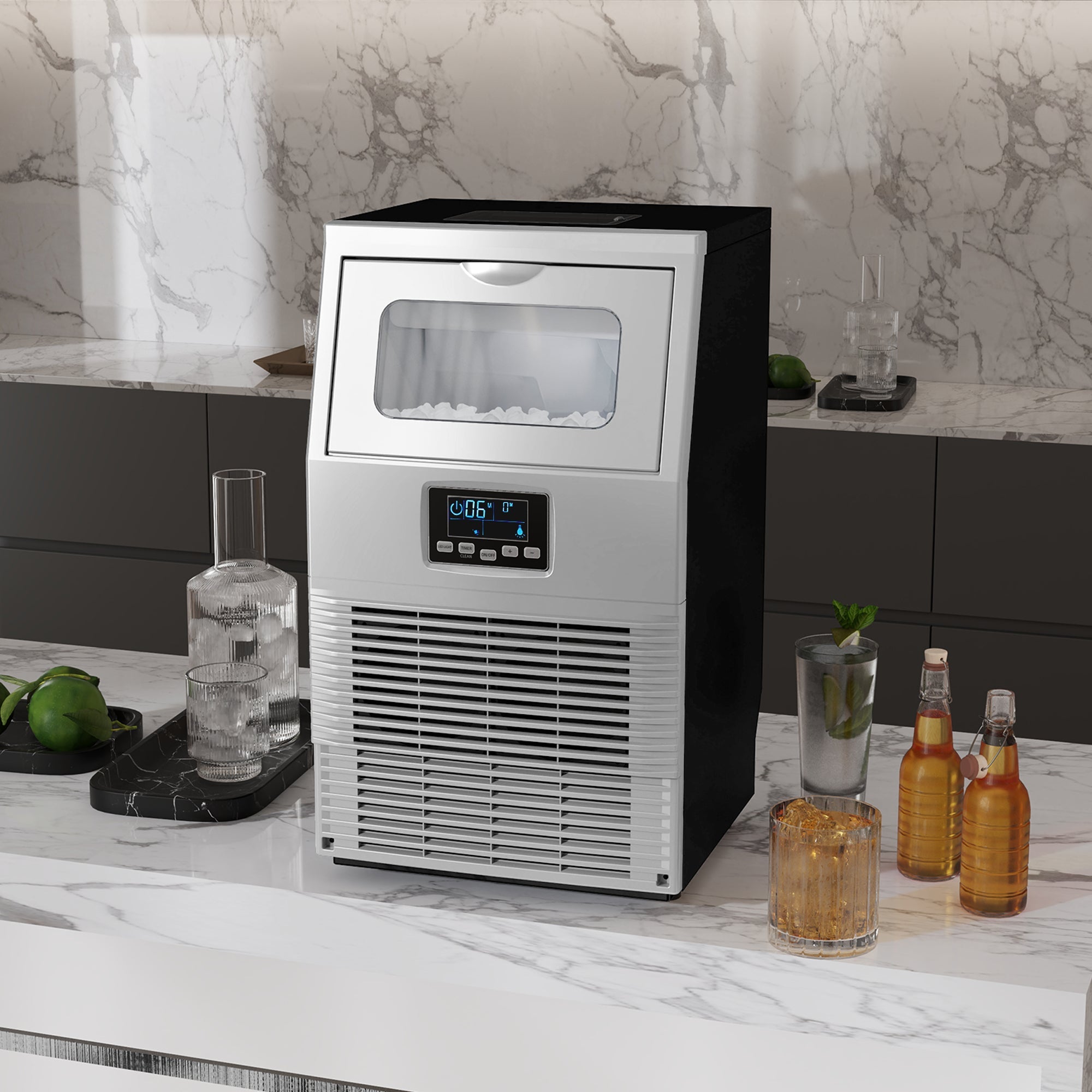 HOMCOM Commercial Ice Maker Machine, Freestanding Industrial Ice Cube Maker with Digital Control, Ice Scoop, Self-cleaning, 4kg Ice Storage, 30kg/24 Hours for Home, Office, Bar, Restaurant 