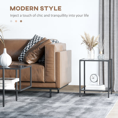 HOMCOM Side Table with Tempered Glass Top, End Table with 2-Tier Storage, Classic Accent Table with Steel Frame, Black 