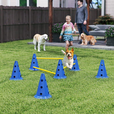 PawHut Dog Agility Equipment Set of Six Cones, Six Poles with Carry Bag, Three-Piece Adjustable Height Jumping Obstacles, Blue 