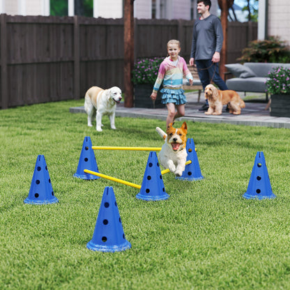 PawHut Dog Agility Equipment Set of Six Cones, Six Poles with Carry Bag, Three-Piece Adjustable Height Jumping Obstacles, Blue