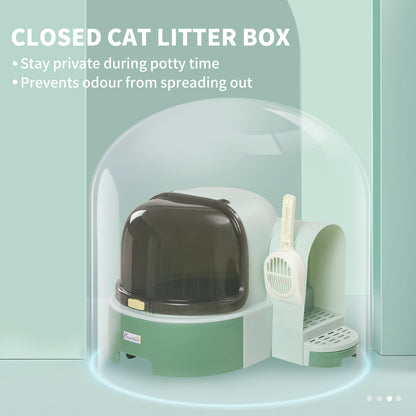 PawHut 2 in 1 Cat Litter Box, with Drawer Pans, Scoop, Openable Cover - Green