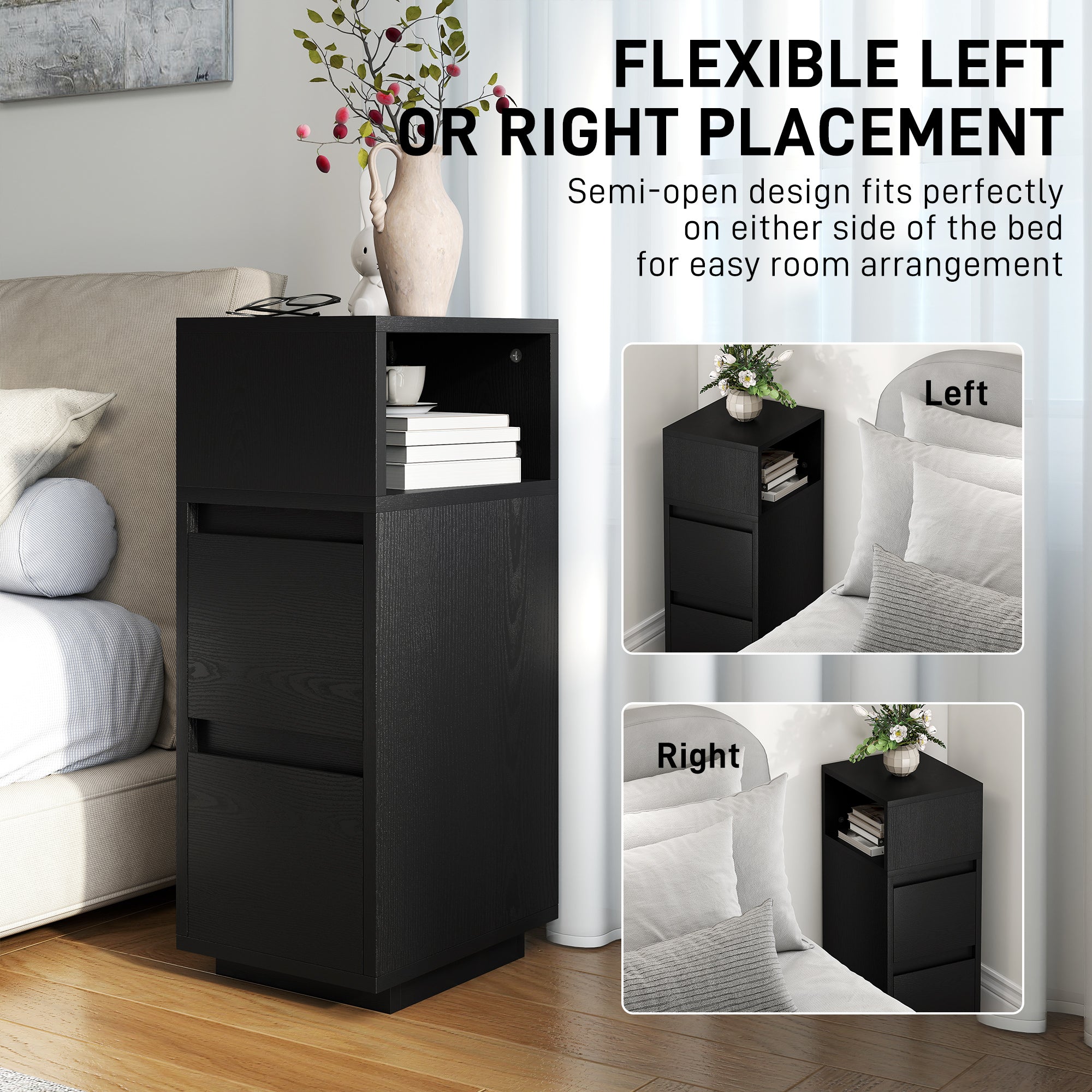 HOMCOM Slim Bedside Table, Narrow Bedside Cabinet with Open Shelf and 2 Drawers for Bedroom, Living Room, Black 